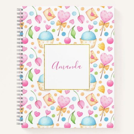 ハートとカップケーキ甘い水の色のパターン ノートブック (正面)
