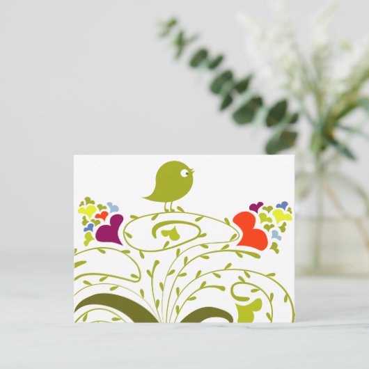 ハートとカワイイの木の上のバーディー ポストカード (スタンド正面)