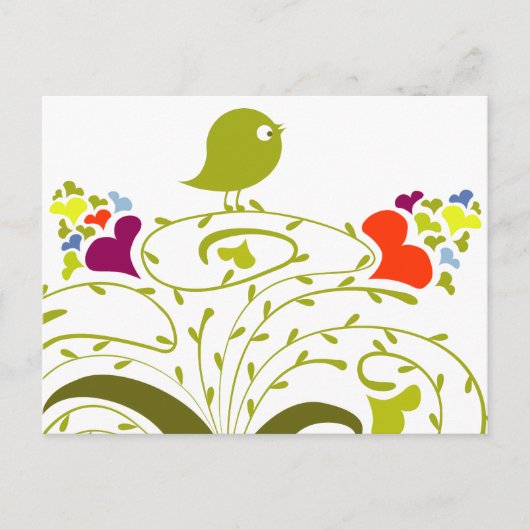 ハートとカワイイの木の上のバーディー ポストカード (正面)