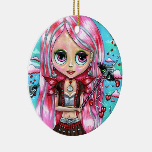 ハートとキスかわいい大きな目の妖精の人形 セラミックオーナメント (右)