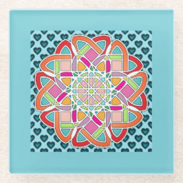 ハートとキルトデザインブルー飲料用コースター ガラスコースター