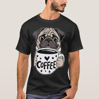 ハートとコーヒーカップを持つかわいいパグ Tシャツ