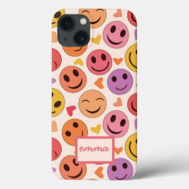 ハートとスマイルのハッピーな顔 カスタムネーム iPhone 13ケース