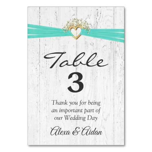 ハートとターコイズリボンを白く塗った木材 テーブルナンバー (正面)