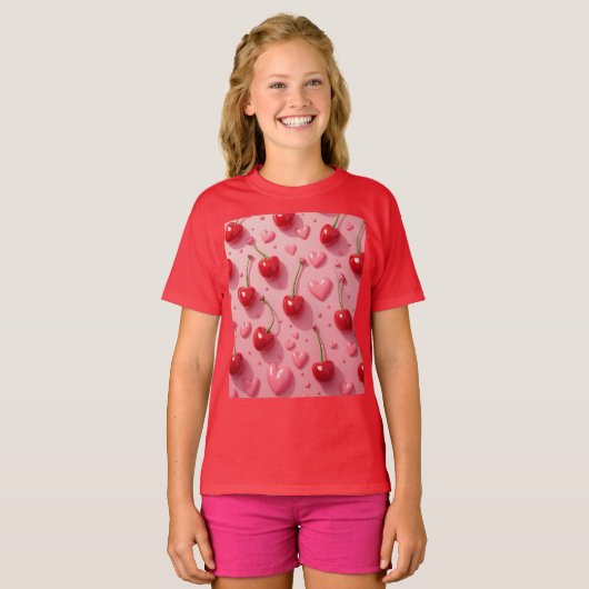 ハートとチェリーのバレンタイン Tシャツ (正面フル)