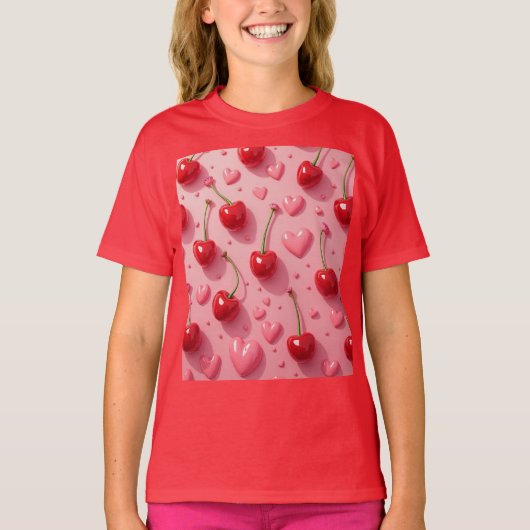 ハートとチェリーのバレンタイン Tシャツ (正面)