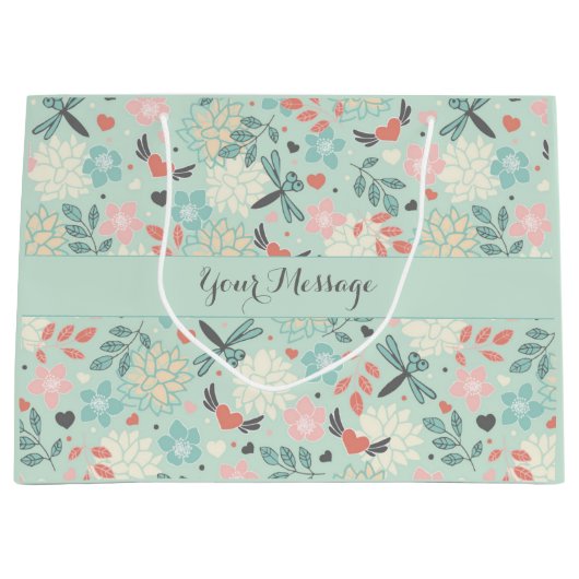 ハートとトンボ類のかわいらしフローラ ラージペーパーバッグ (正面)