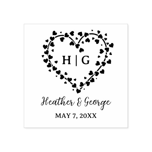 ハートとハート結婚モノグラムデザイン ラバースタンプ (インプリント)