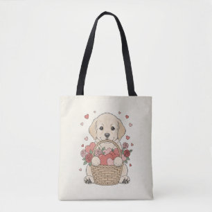ハートとバラのバスケットを持つかわいい子犬のイラスト トートバッグ