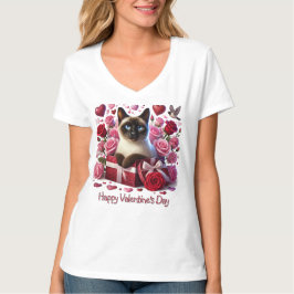 ハートとバラのバレンタインデー シャム猫  Tシャツ