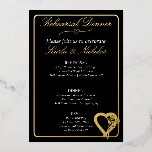 ハートとバラフラワーリハーサルディナー 箔招待状 (正面)