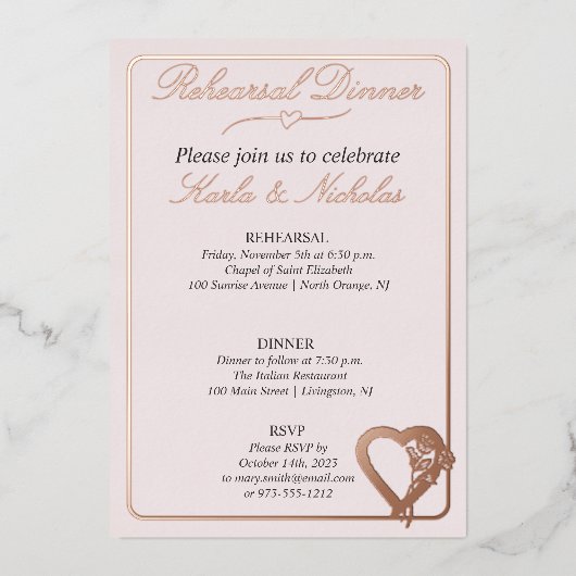 ハートとバラフラワーリハーサルディナー 箔招待状 (正面)
