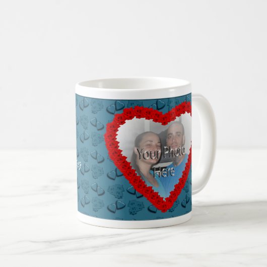 ハートとバラブルーカスタマイズ可能なフォトマグカップ コーヒーマグカップ (正面右)