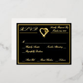 ハートとバラ、フォーマルブラックウェディングRSVP金ゴールドフル 箔招待状ポストカード (正面/裏面)