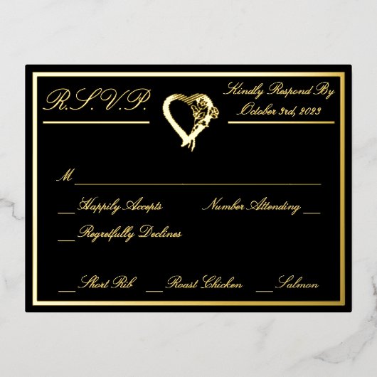 ハートとバラ、フォーマルブラックウェディングRSVP金ゴールドフル 箔招待状ポストカード (正面)