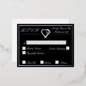 ハートとバラ、ブラックウェディングRSVPシルバー 箔招待状ポストカード (正面/裏面)