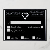 ハートとバラ、ブラックウェディングRSVPシルバー 箔招待状ポストカード (正面)