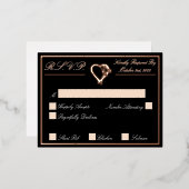 ハートとバラ、ブラックウェディングRSVPバラ金ゴールド 箔招待状ポストカード (正面/裏面)