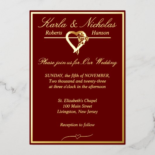 ハートとバラ、ブルゴーニュ結婚の金ゴールドフル 箔招待状 (正面)