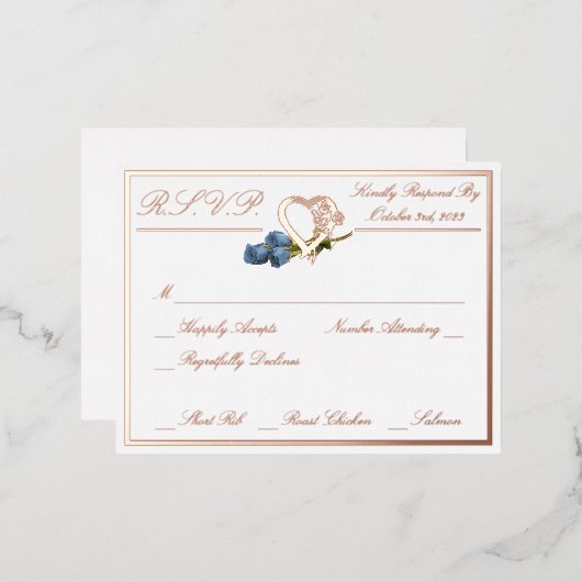 ハートとバラ、ホワイトウェディングRSVPバラ金ゴールドフル 箔招待状ポストカード (正面/裏面)