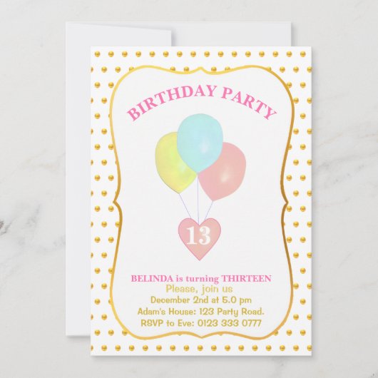 ハートとバルーン13番目の誕生日招待状 招待状 (正面)