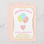 ハートとバルーン13番目の誕生日招待状 招待状 (正面/裏面)