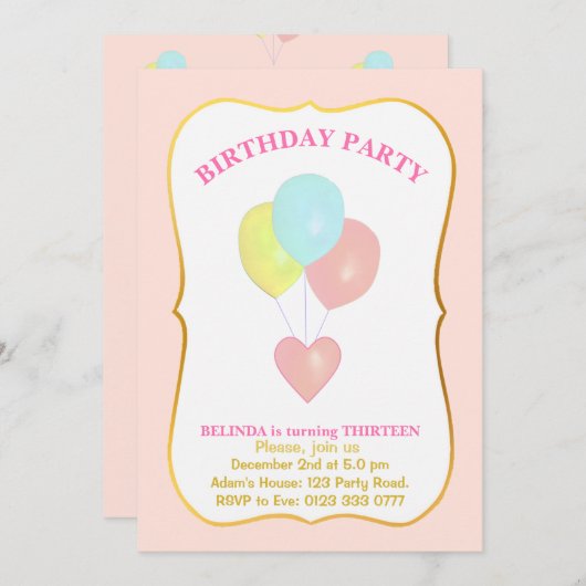 ハートとバルーン13番目の誕生日招待状 招待状 (正面/裏面)