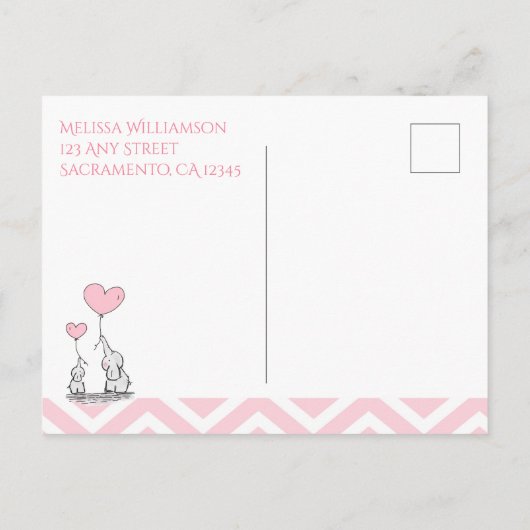 ハートとパステルカラーのカワイイ赤ちゃん象のカスタムベイビーシャワー インビテーションポストカード (裏面)