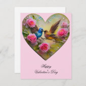 ハートとピンクの花と鳥バレンタイン シーズンカード (正面/裏面)