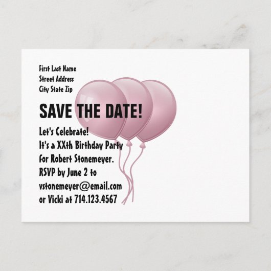 ハートとピンクバルーン任意の年誕生日B03N 案内ポストカード (裏面)