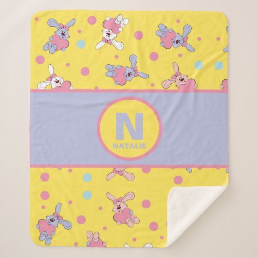 ハートとブニーの黄色とピンクの女の子の名前 シェルパブランケット (正面)