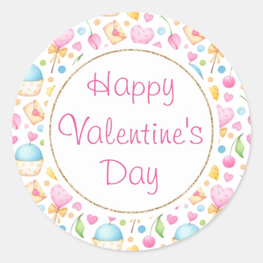 ハートとマフィン楽しいバレンタインのパターン ラウンドシール (正面)