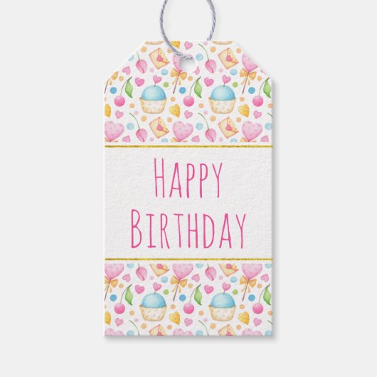 ハートとマフィン楽しい水の色のパターン ギフトタグ (正面)