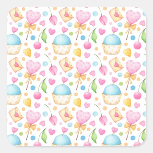 ハートとマフィン楽しい水の色のパターン スクエアシール (正面)