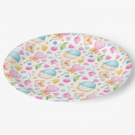 ハートとマフィン楽しい水の色のパターン ペーパープレート (アングル)