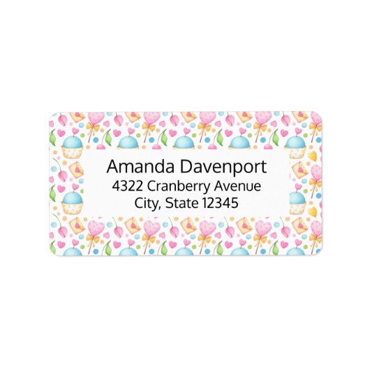 ハートとマフィン楽しい水の色のパターン ラベル (正面)