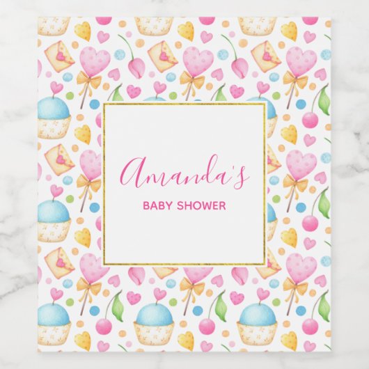 ハートとマフィン楽しい水の色のパターン ワインラベル (シングルラベル)