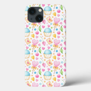 ハートとマフィン楽しい水の色のパターン iPhone 13ケース