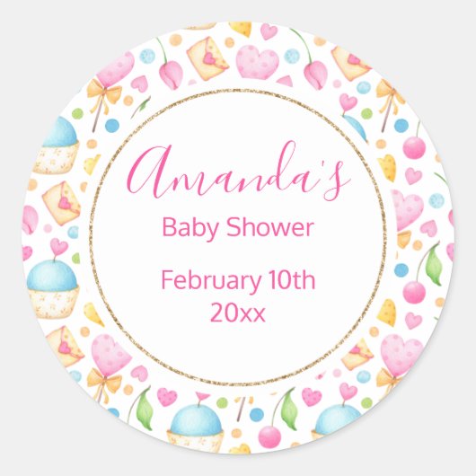 ハートとマフィン水のカラーパターンパーティー ラウンドシール (正面)