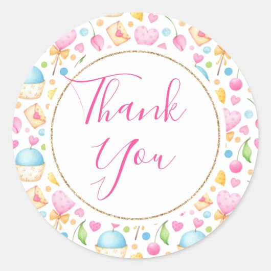 ハートとマフィン水の色のパターンありがとう ラウンドシール (正面)