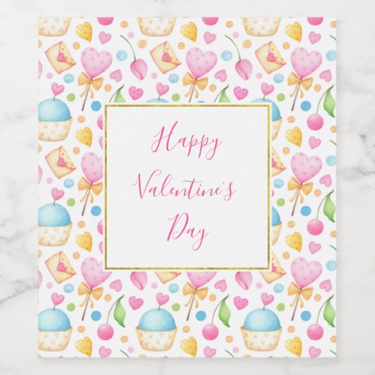 ハートとマフィン水の色パターンバレンタイン ワインラベル (シングルラベル)