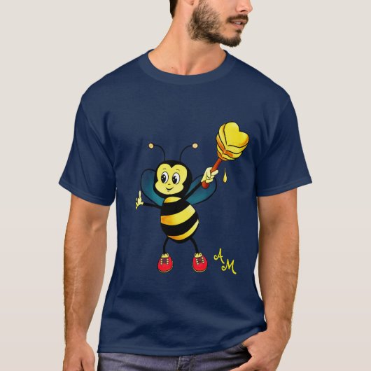 ハートとモノグラムの可愛いミツバチ Tシャツ (正面)