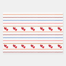 ハートとラインの折り返し紙フラットシートセット3 ラッピングペーパーシート