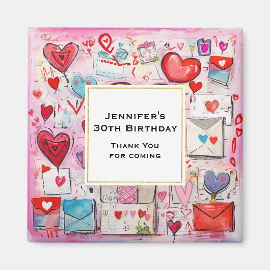 ハートとラブレター柄パーティーありがとう マグネット (正面)