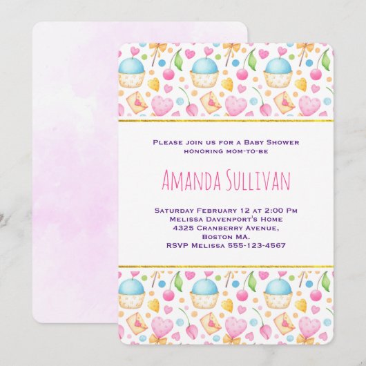 ハートとラブ ウォーターカラーパターン ベビーシャワー 招待状 (正面/裏面)