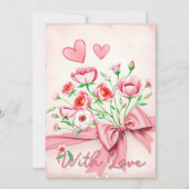 ハートとリボンをあしらったエレガントなピンクの花束 カード (正面)