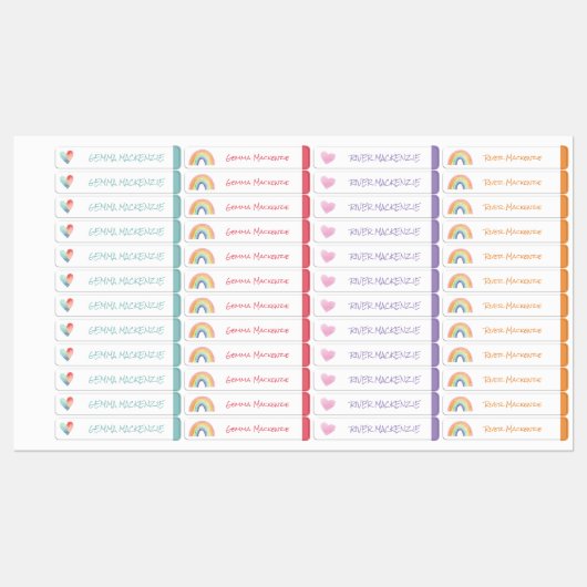 ハートとレインボーカラーコード化された女の子の防水名 ラベル (シート)