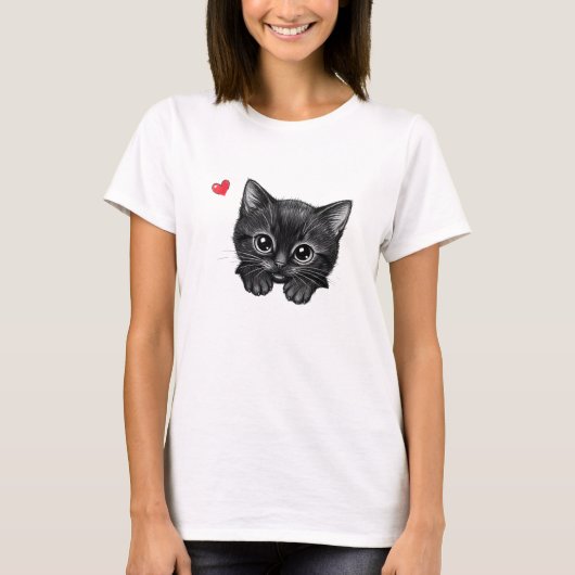 ハートと一緒に顔をのぞかせる愛らしい黒猫のTシャツ Tシャツ (正面)