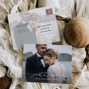 ハートと写真のロマンティックなJust Married(新婚)スクリプト 案内ポストカード
