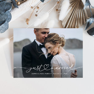ハートと写真のロマンティックなJust Married(新婚)フォント 案内状